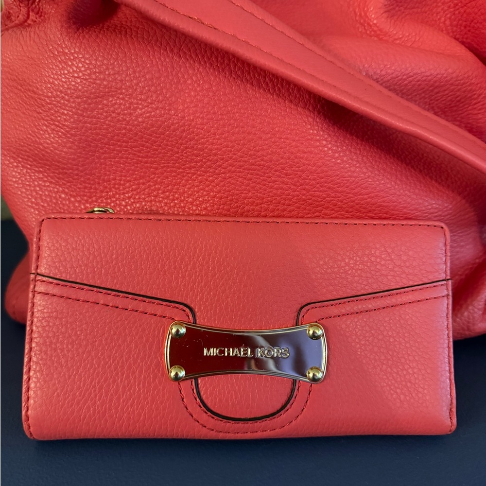 Michael by Michael Kors- purse with matching wallet! Leather in watermelon pink